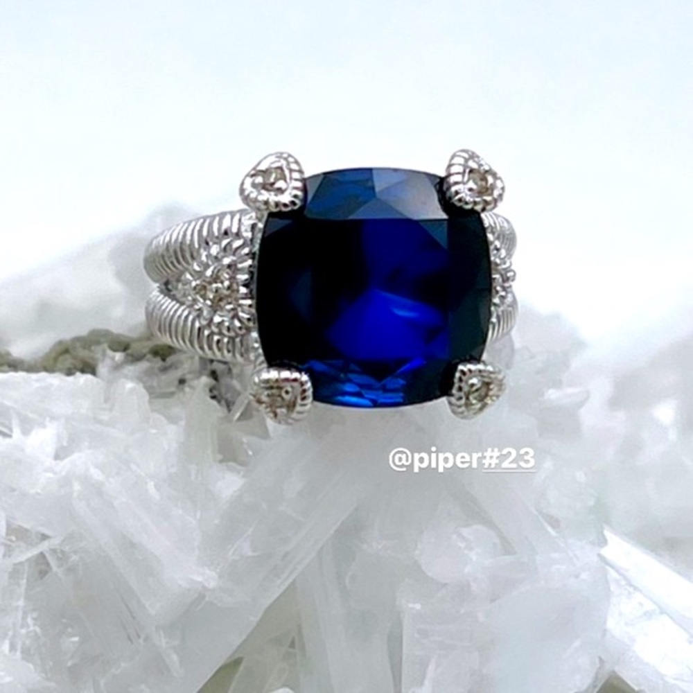 EUC Judith Ripka Blue Corundum & Diamond Fontaine Split Shank Ring - 6 - Picture 9 of 10